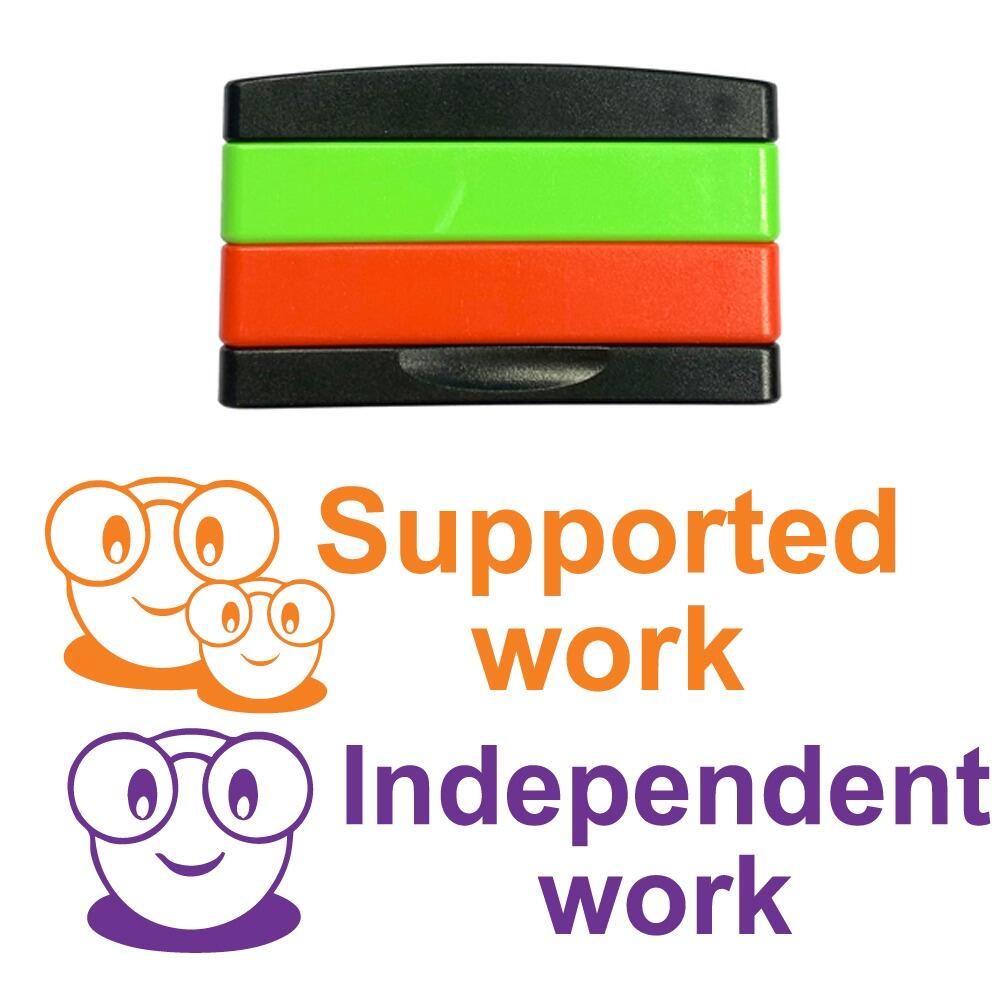 Teacher Stamps | Independent Work and Support Work, 2 Layer, Self-inking, Reinkable School Stamp Set