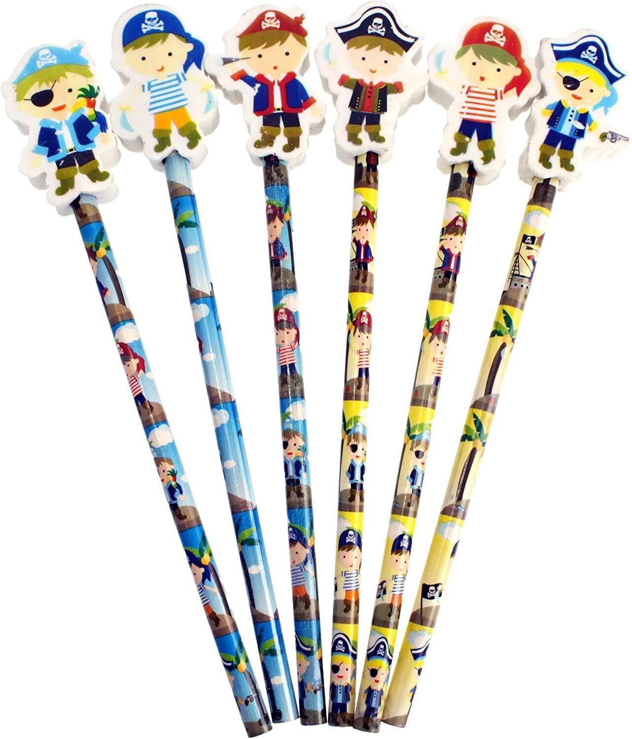 Fun Stationery | Cute Pirate Pencils with Large Topper Erasers. Mixed of Fun, Colourful Designs