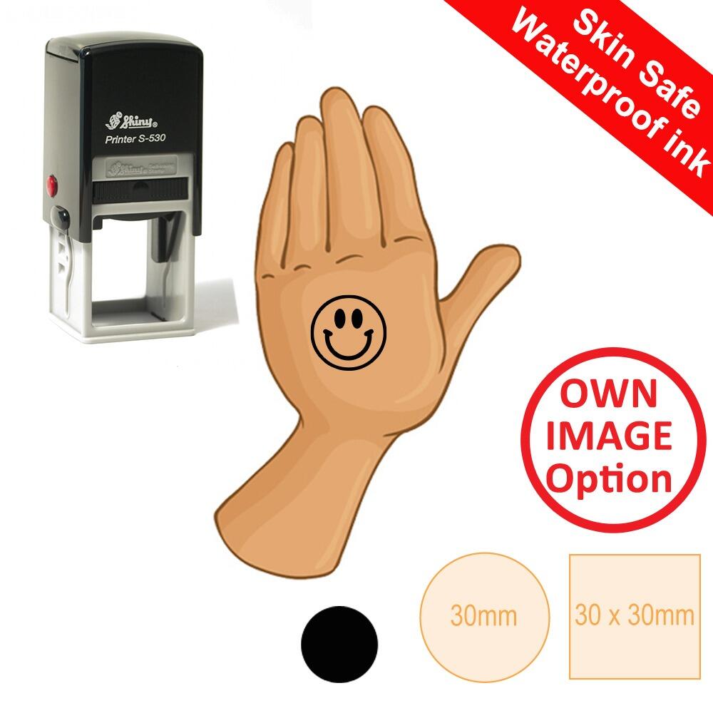 Waterproof Ink Stamper | Skin Safe, Hand Custom Stamp. Black Ink. 30mm. Options for Images/Text