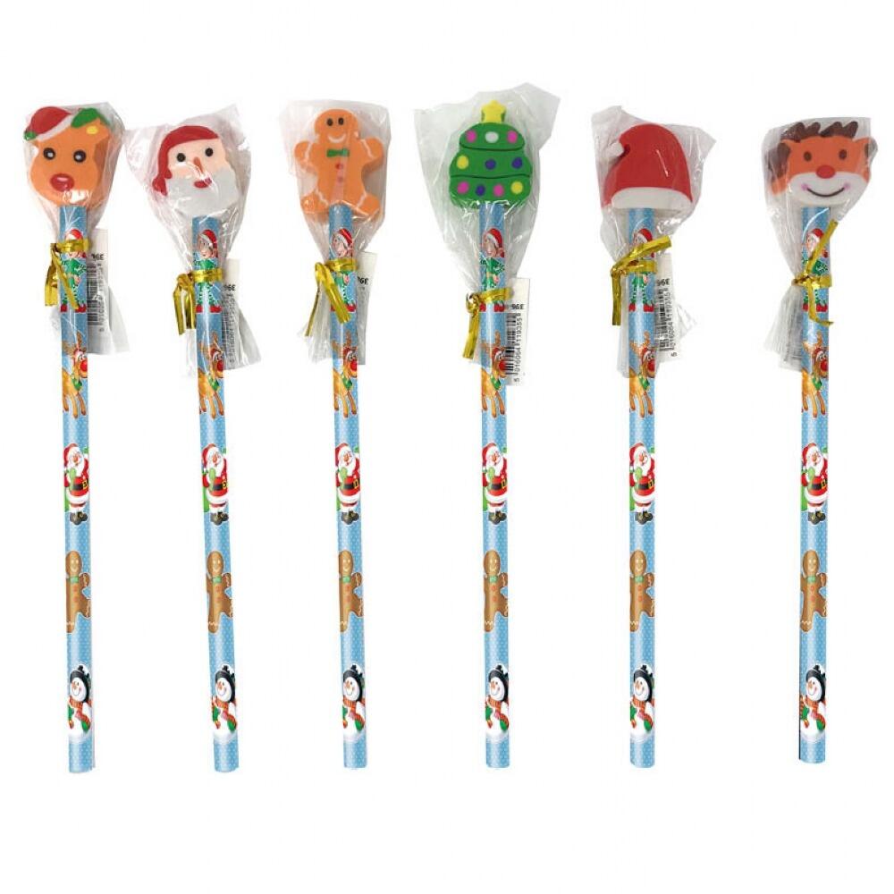 Christmas Stationery | Christmas HB Pencils with Santa, Gingerbread, Elf, Rudolph Topper Erasers