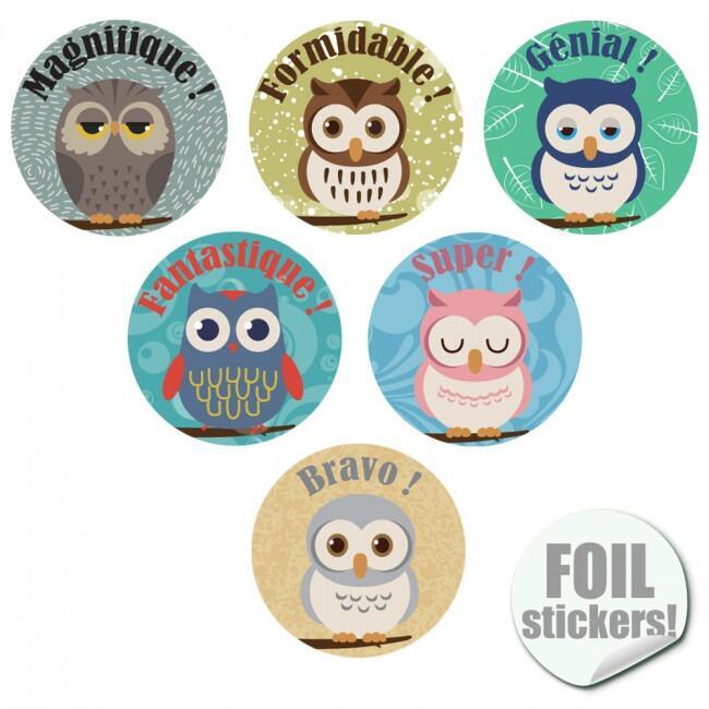 Reward Stickers | 90 x Cute Owl French Language Reward Stickers for Teachers with French Praise