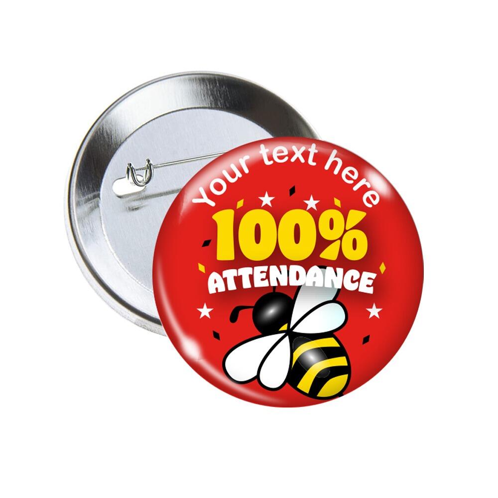 Custom Badges | 100% Attendance, Bright Bee Design, Personalised Pin Badges for Schools