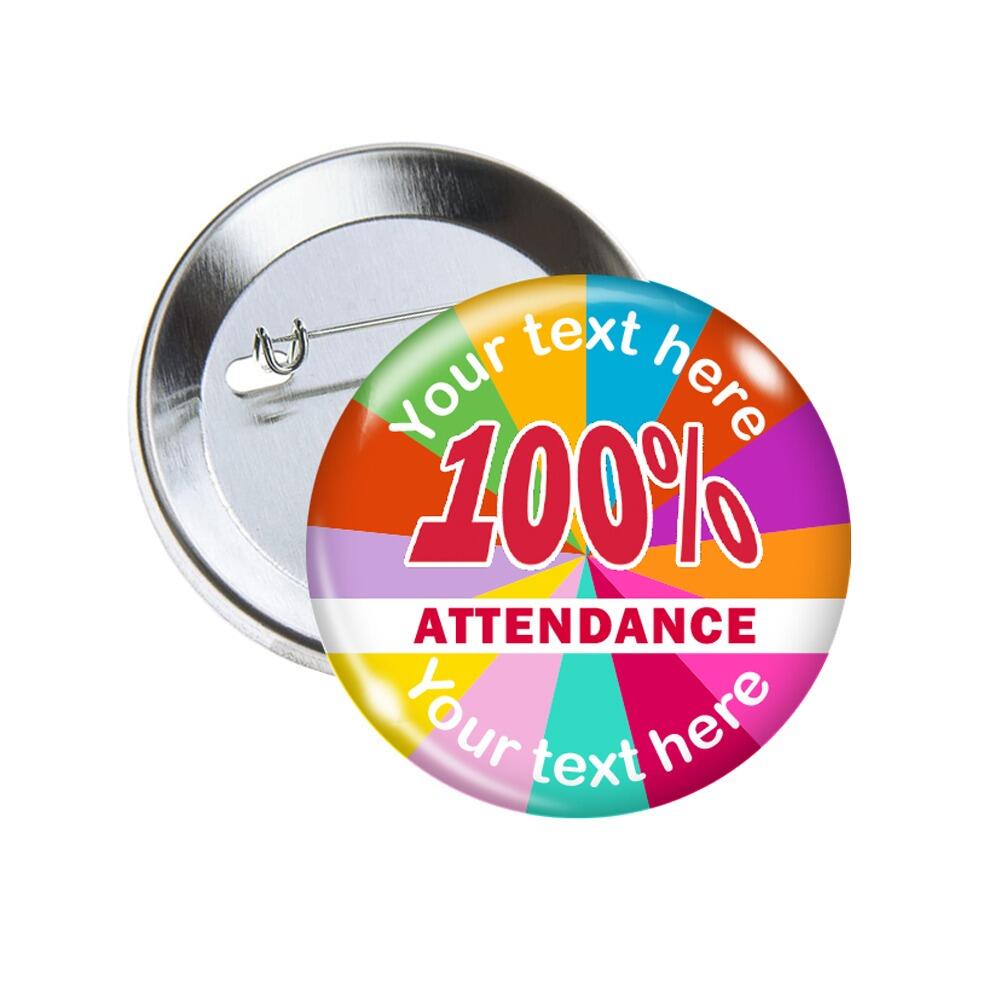 Custom Badges | 100% Attendance, Rainbow Stripes Design, Personalised Pin Badges for Schools