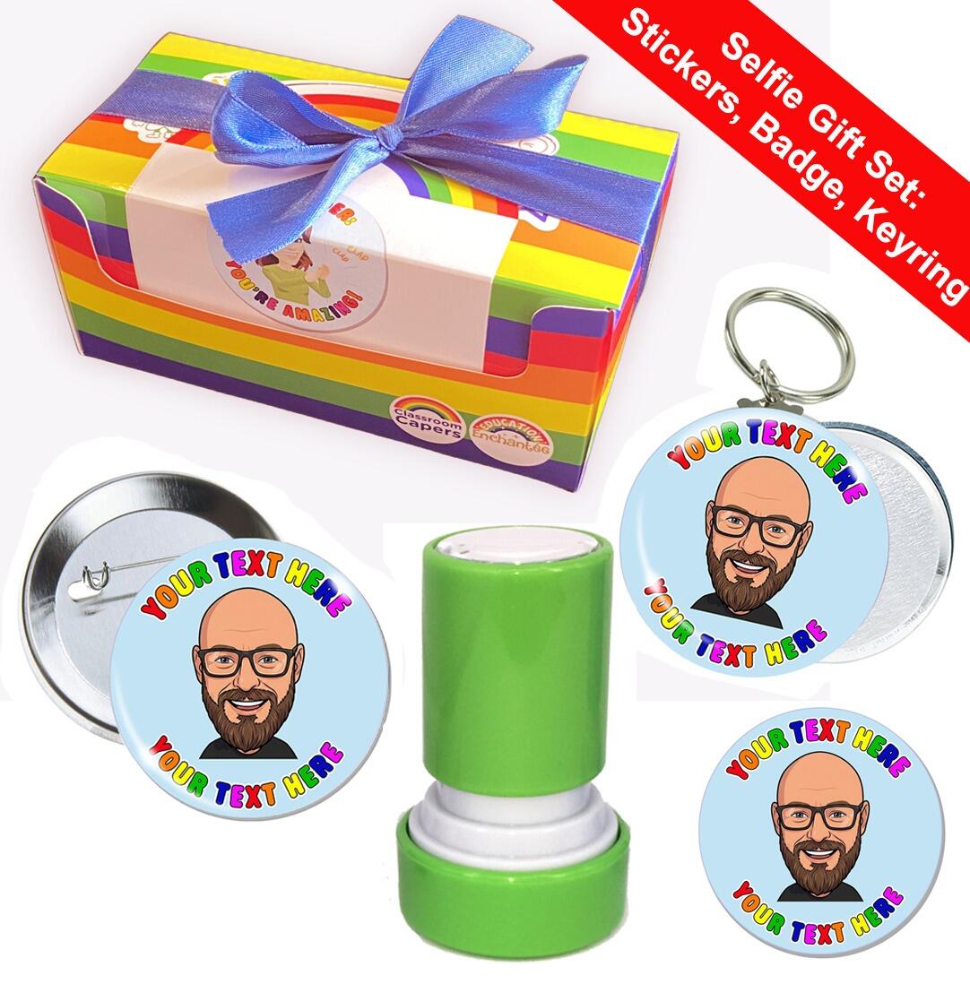 Personalised Selfie Teacher Gift Set | Custom Face Stamp, Stickers, Badge, Keyring.