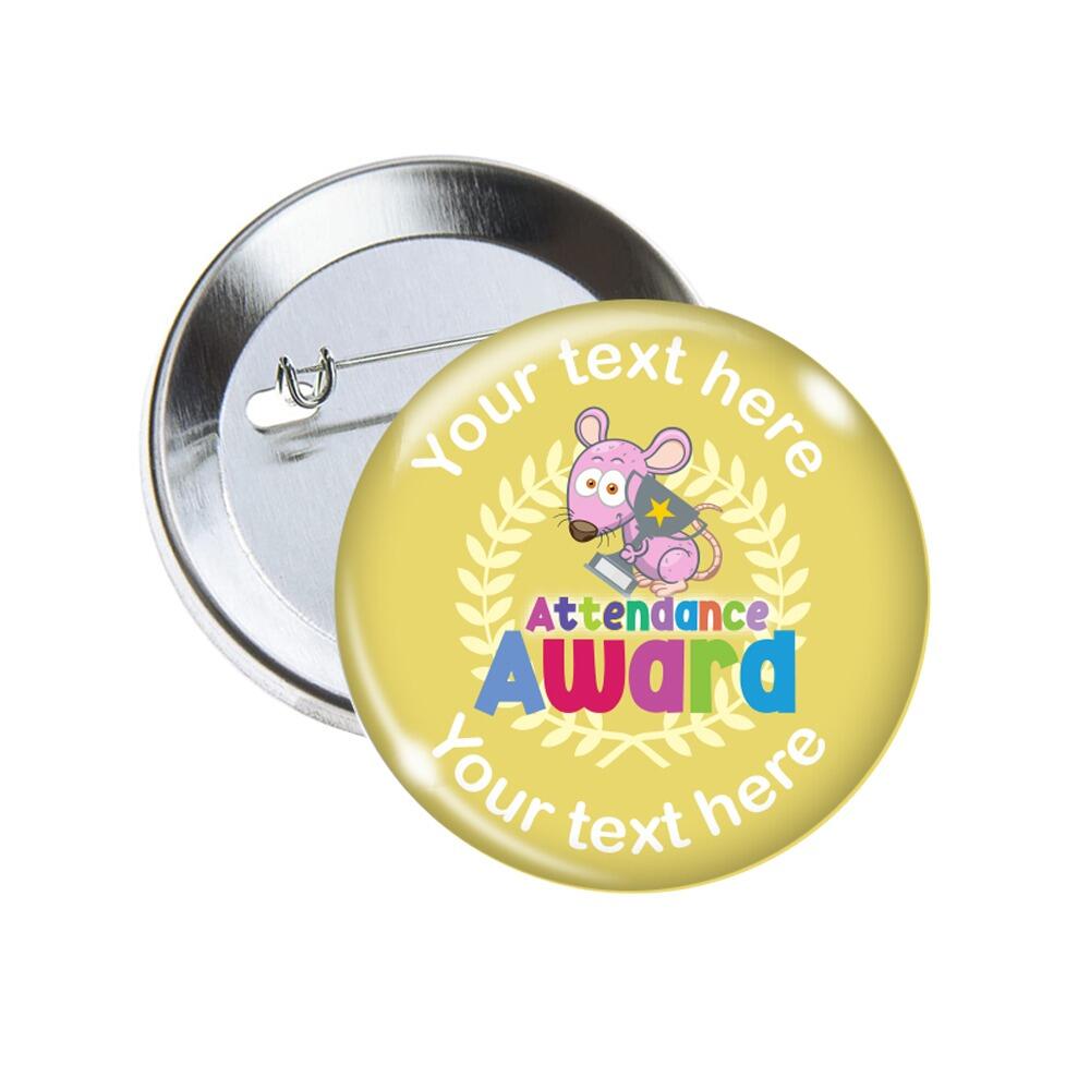 Custom Badges | Attendance Award, Cute Mouse Design, Personalised Pin Badges for Primary Schools