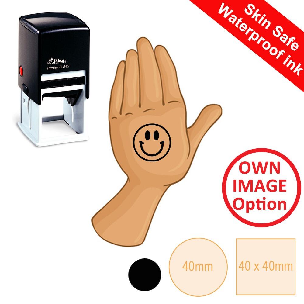 Waterproof Ink Stamper | Skin Safe, Hand Custom Stamp. Black Ink. 40mm. Optional Images/Text