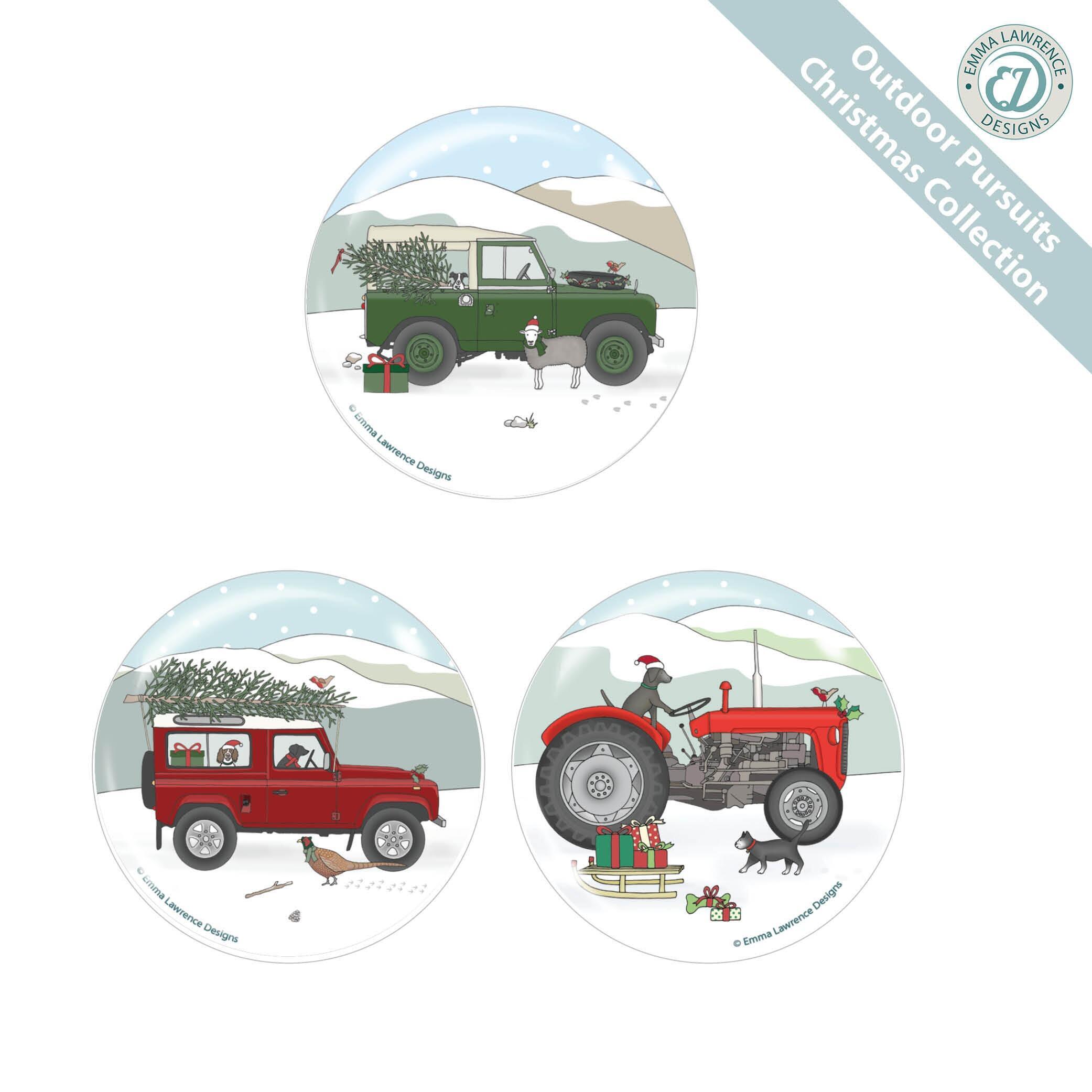 Bulk Fridge Magnets | Festive Land Rover and Tractor Emma Lawrence Designs. UK Made, Any Quantity