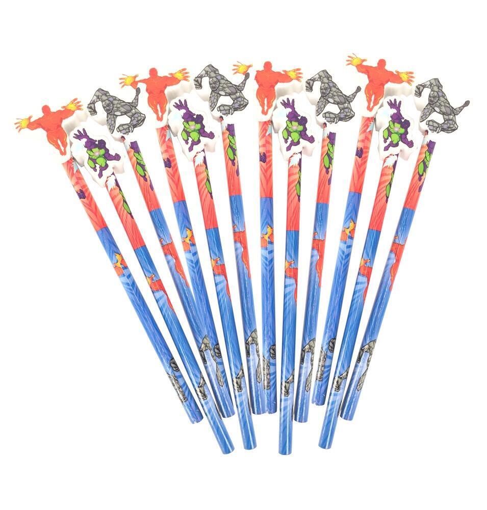 Novelty Stationery | Superhero Pencils with Shaped Eraser Toppers for Class Gifts/Party Bags