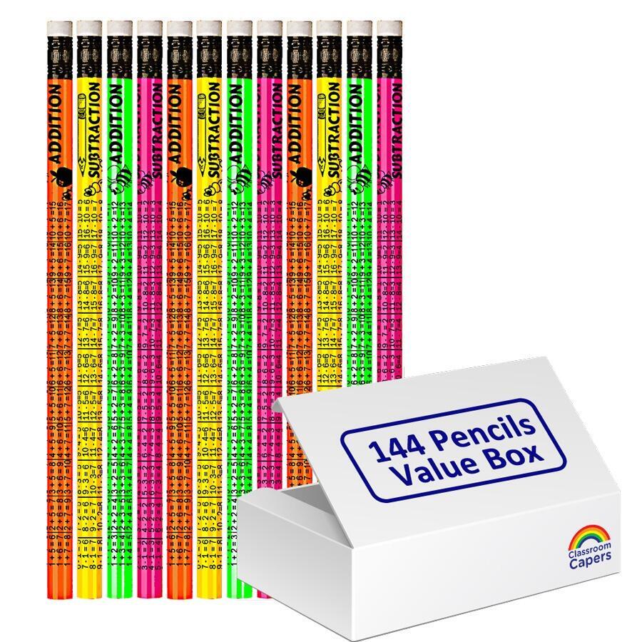 Bulk Maths Gifts | 144 x Addition and Subtraction Maths HB Pencils. Neon Colour Design