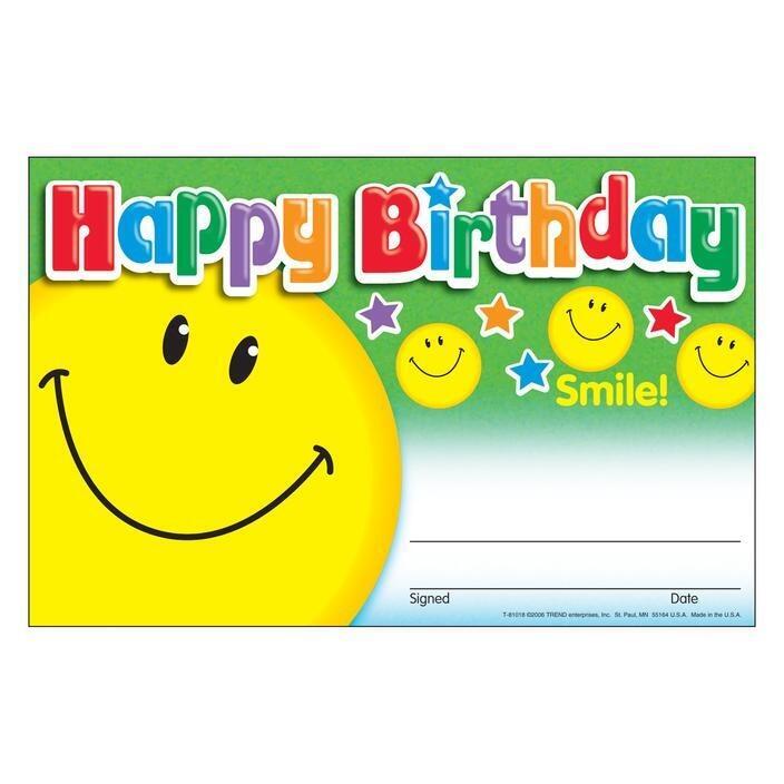 Teacher Certificates | 30 x Happy Birthday Smiley Design A5 Certificates (T81018)