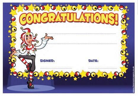 School Certificate | 30 x "Congratulations", Jester Fun Design Award Certificates