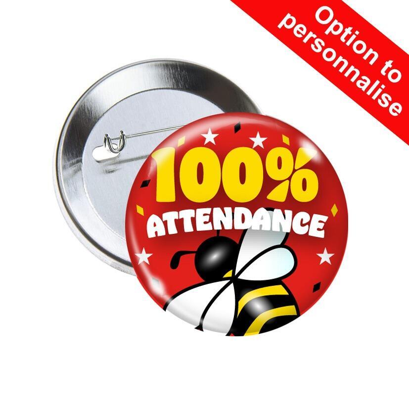 School Badges | 100% Attendance, Bright Bee Design, Award Pin Badges for Schools x 10.