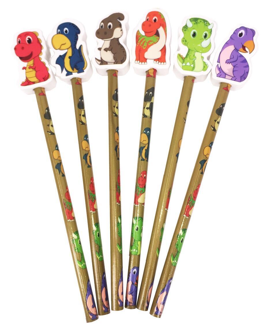 Fun Stationery | Cute Dinosaur HB Pencils with Large Topper Erasers. Mix of Colourful Designs.