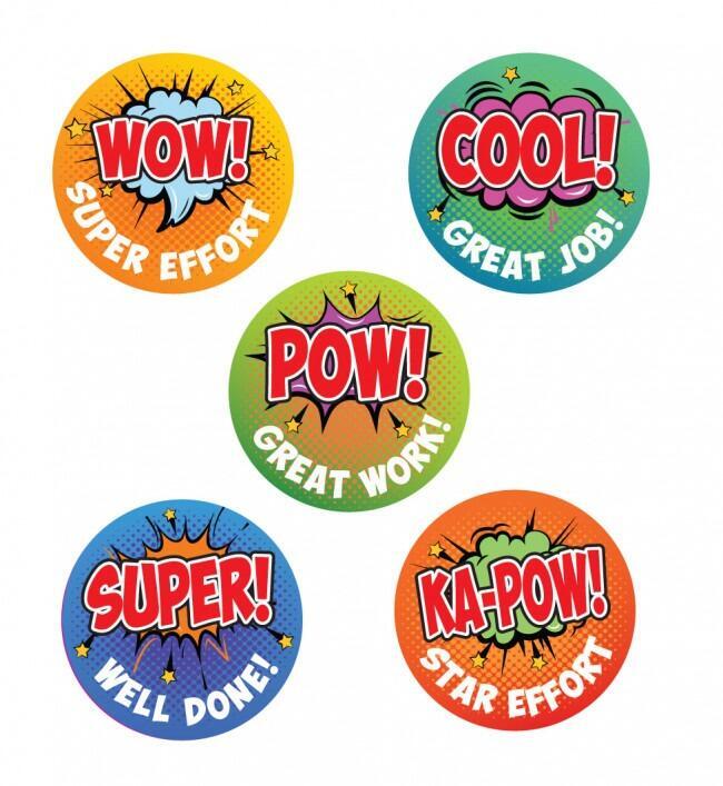 Reward Stickers | 125 Superhero Message Teacher Stickers: WOW! Super Effort, COOL! Great Job & More!