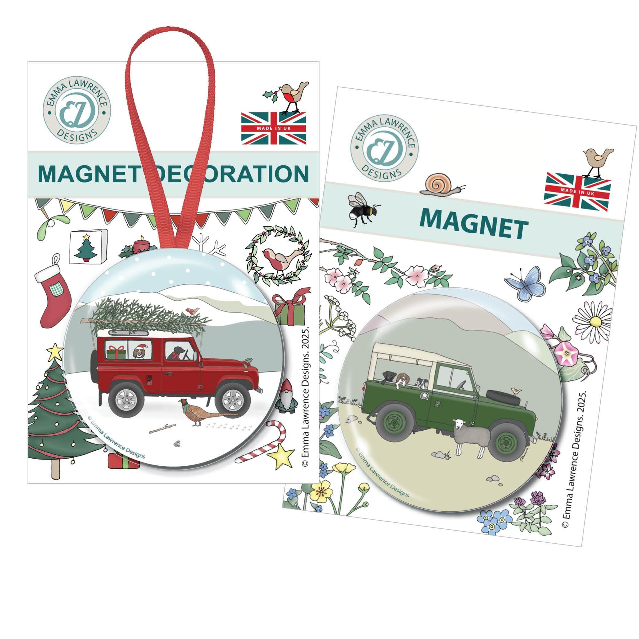 Fridge Magnet Gifts | Classic Land Rover Christmas Gift Set. Emma Lawrence Designs. UK Made Set of 2
