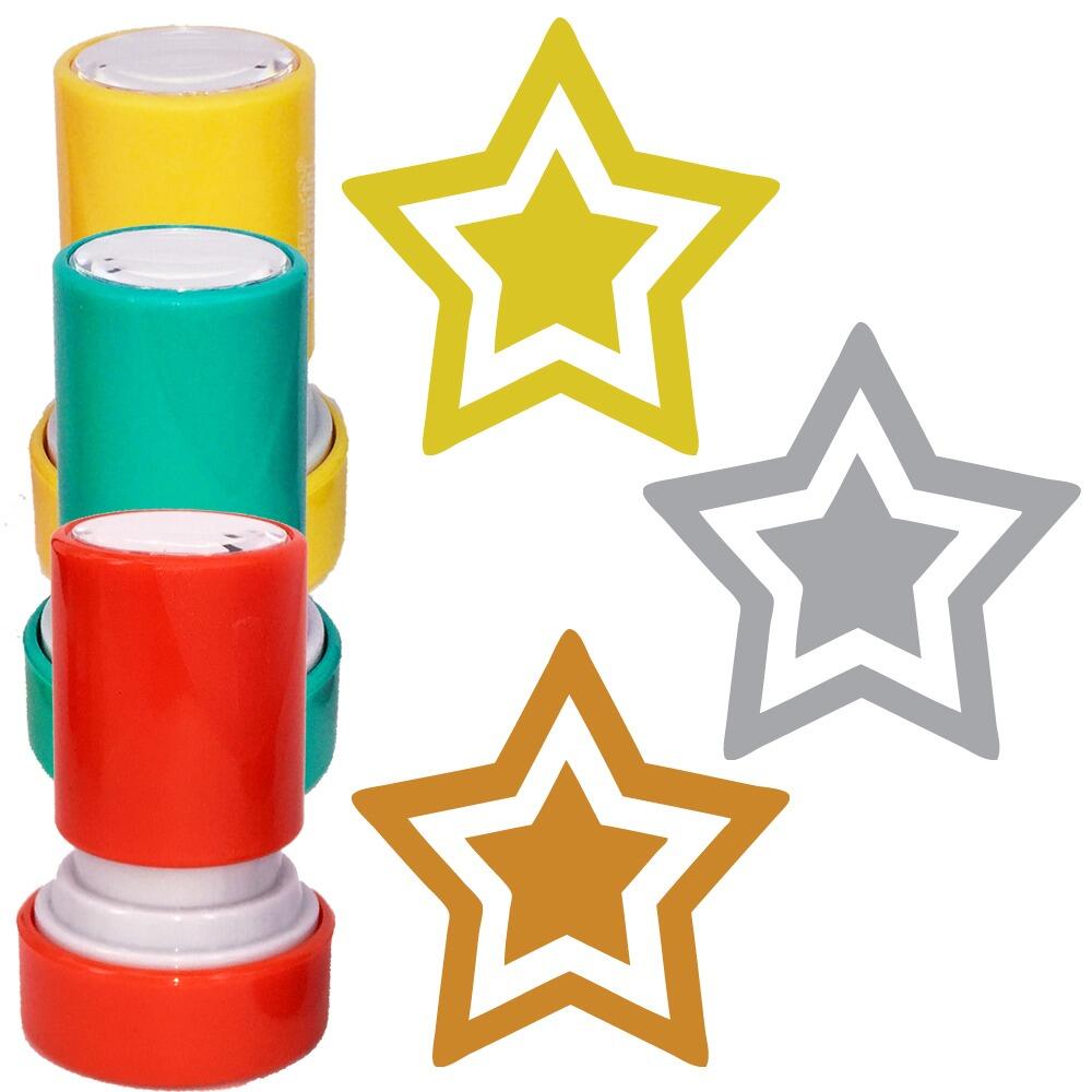 Teacher Stamps | Set of 3 Star Stamps (Gold, Silver, Bronze) Self-inking Stampers for Marking and Praise