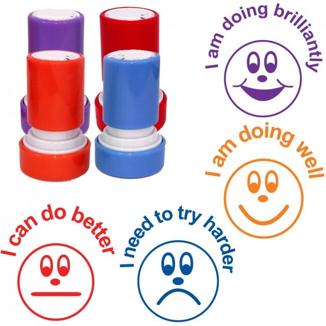 Teacher Stamp Set | 4 x PYP (IB) Faces Assessment Set with Progress Statements. Self-inking. UK Made
