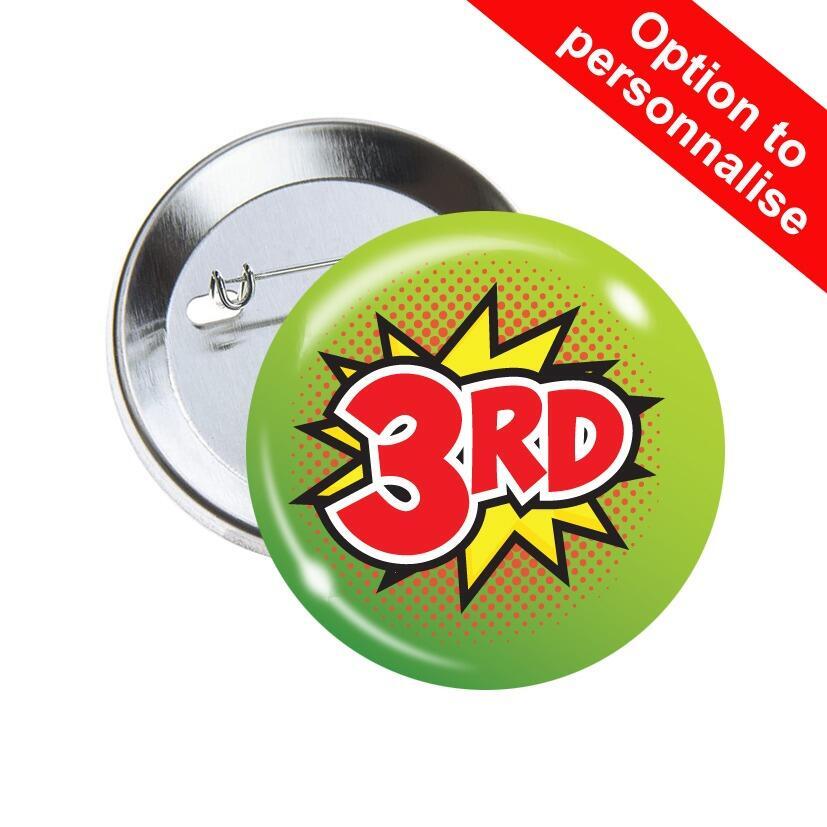 School Badges | 3rd Place SuperHero/Retro Design Sports Day / Award Pin Badges x 10.