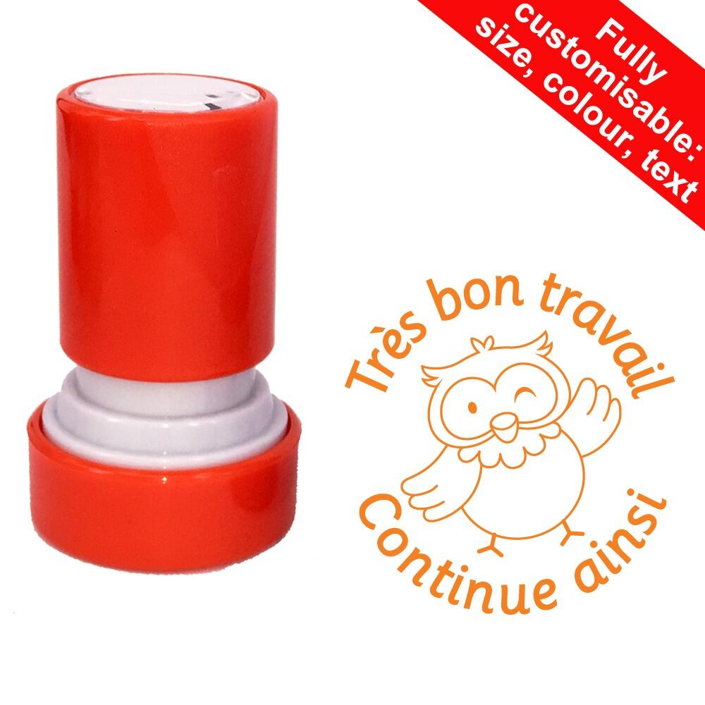 French School Stampers | Très bon travail - continue ainsi (Owl classmates) French Teacher Stamp - 22mm