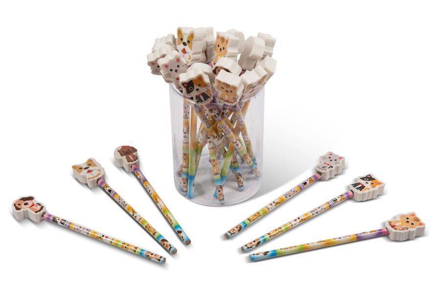 Fun Stationery | Cute Pets Pencils with Large Topper Erasers. Mixed Dog and Cat Designs.
