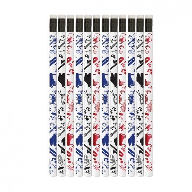Class Gifts | 12 Music Instrument Shiny Design HB Pencils. Quantity Discounts