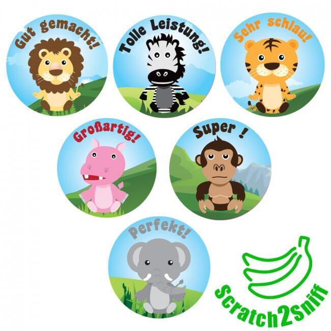 Scented Stickers | 90 Jungle Animals, Banana Scent, Smelly German Reward Stickers for Teachers