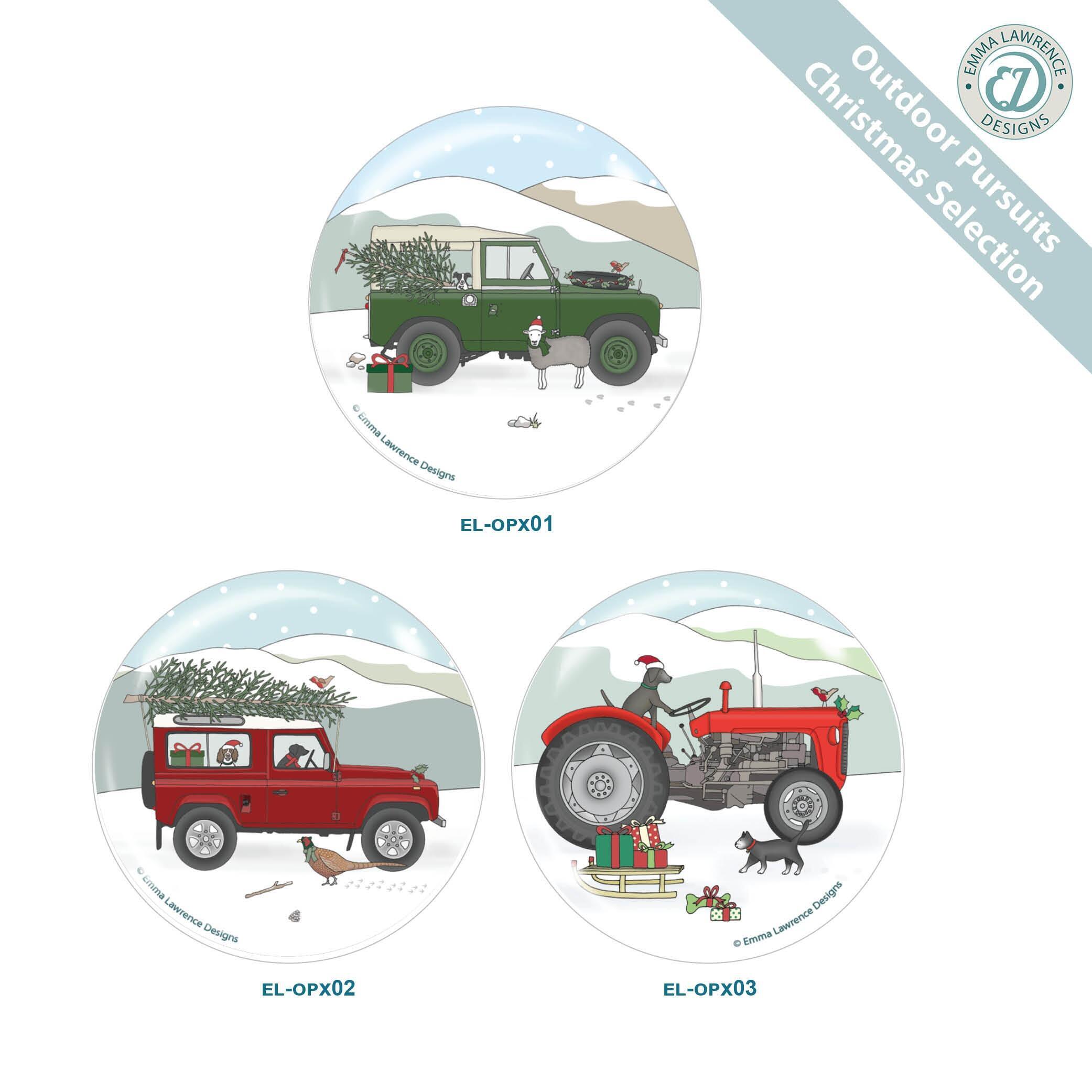 Bulk Fridge Magnets | Festive Land Rover and Tractor Emma Lawrence Designs. UK Made, Any Quantity