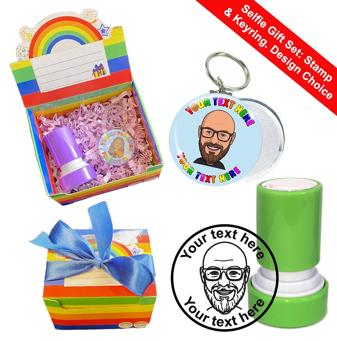 Personalised Selfie Teacher Gift Set | Custom Avatar/Face Stamper & Keyring Set. Choice of Design