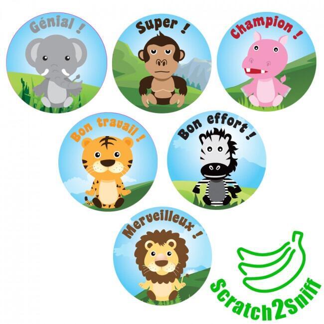 Scented Stickers | 90 Jungle Animals, Banana Scent, Smelly French Reward Stickers for Teachers