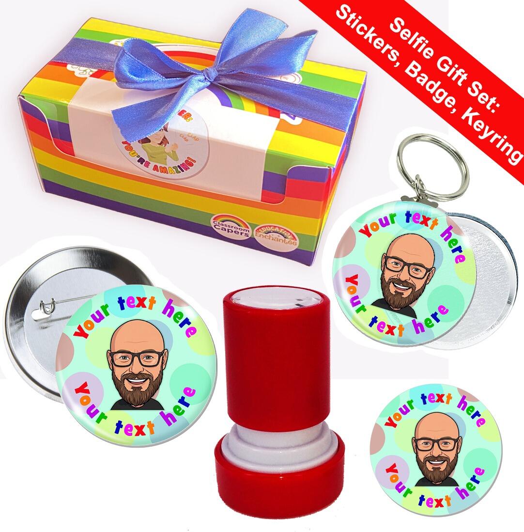 Personalised Selfie Teacher Gift Set | Custom Face Stamper, Stickers, Badge, Keyring. Dots Design