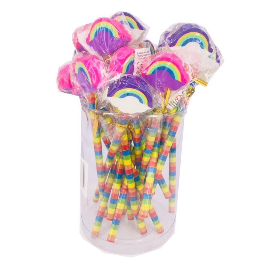Rainbow Stationery | Rainbow Deign Pencils with Rainbow Eraser Toppers for Class Gifts/Party Bags