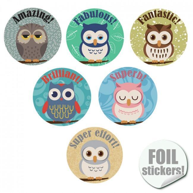 Reward Stickers | 90 x Cute Owl Design, Shiny Stickers for Teachers with Praise sayings.