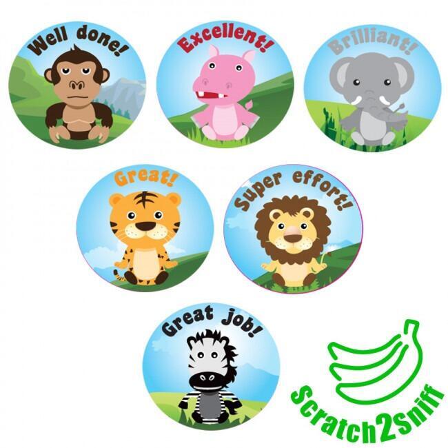 Scented Stickers | 90 Jungle Animals, Banana Scent, Smelly Reward Stickers for Teachers