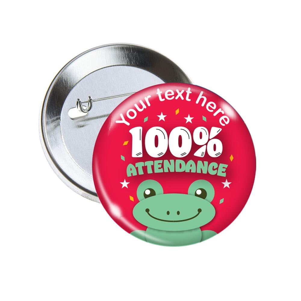 Custom Badges | 100% Attendance, Cute Frog Design, Personalised Pin Badges for Primary Schools