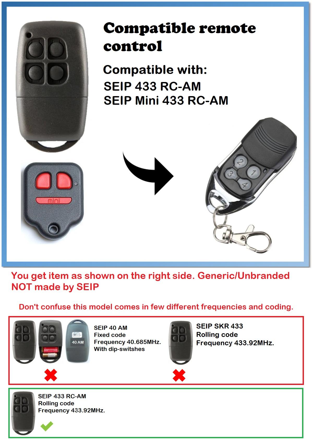 SEIP RC-AM RCAM Replacement Remote Control Transmitter Gate Key Fob 433.92 MHz