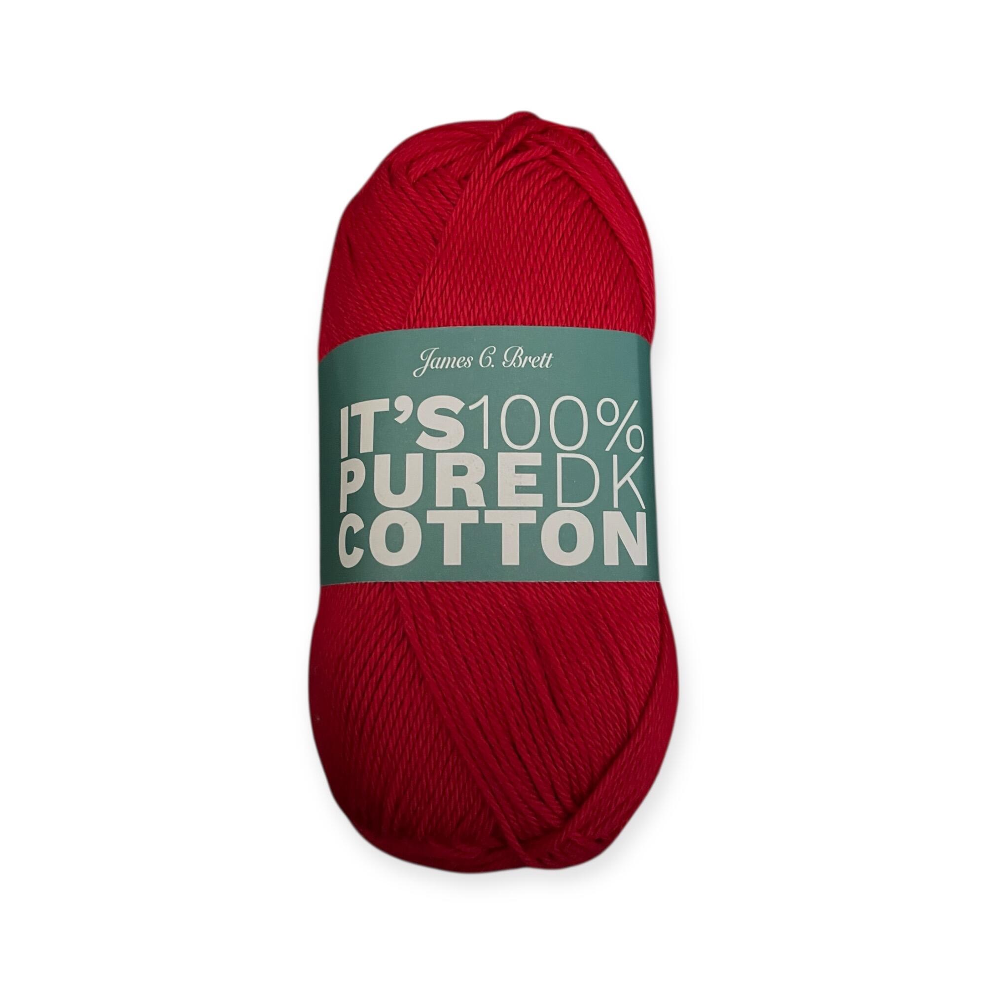 James C. Brett It’s Pure Cotton DK yarn ball in Red IC12, 100% cotton DK yarn with turquoise label, 100g, ideal for crochet and knitting projects.