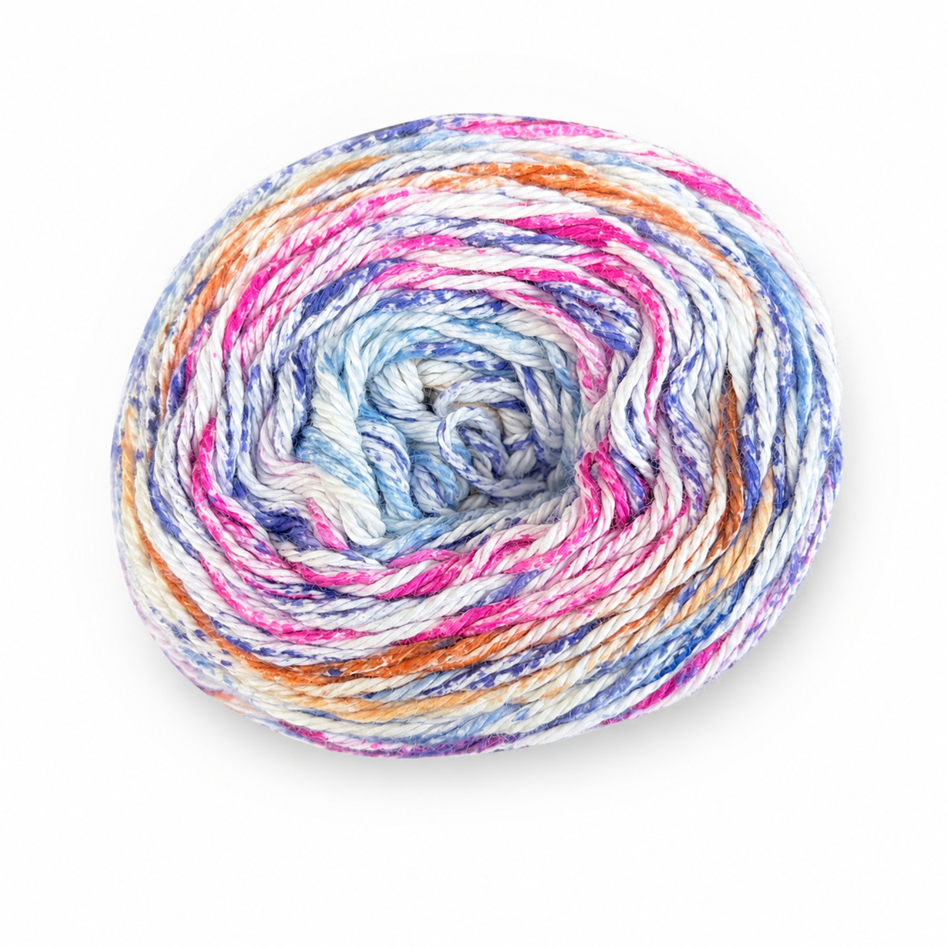 James C. Brett Cotton Waves yarn cake in Fruit & Nut WV15 with blue, purple, pink, brown and white variegated cotton DK yarn.