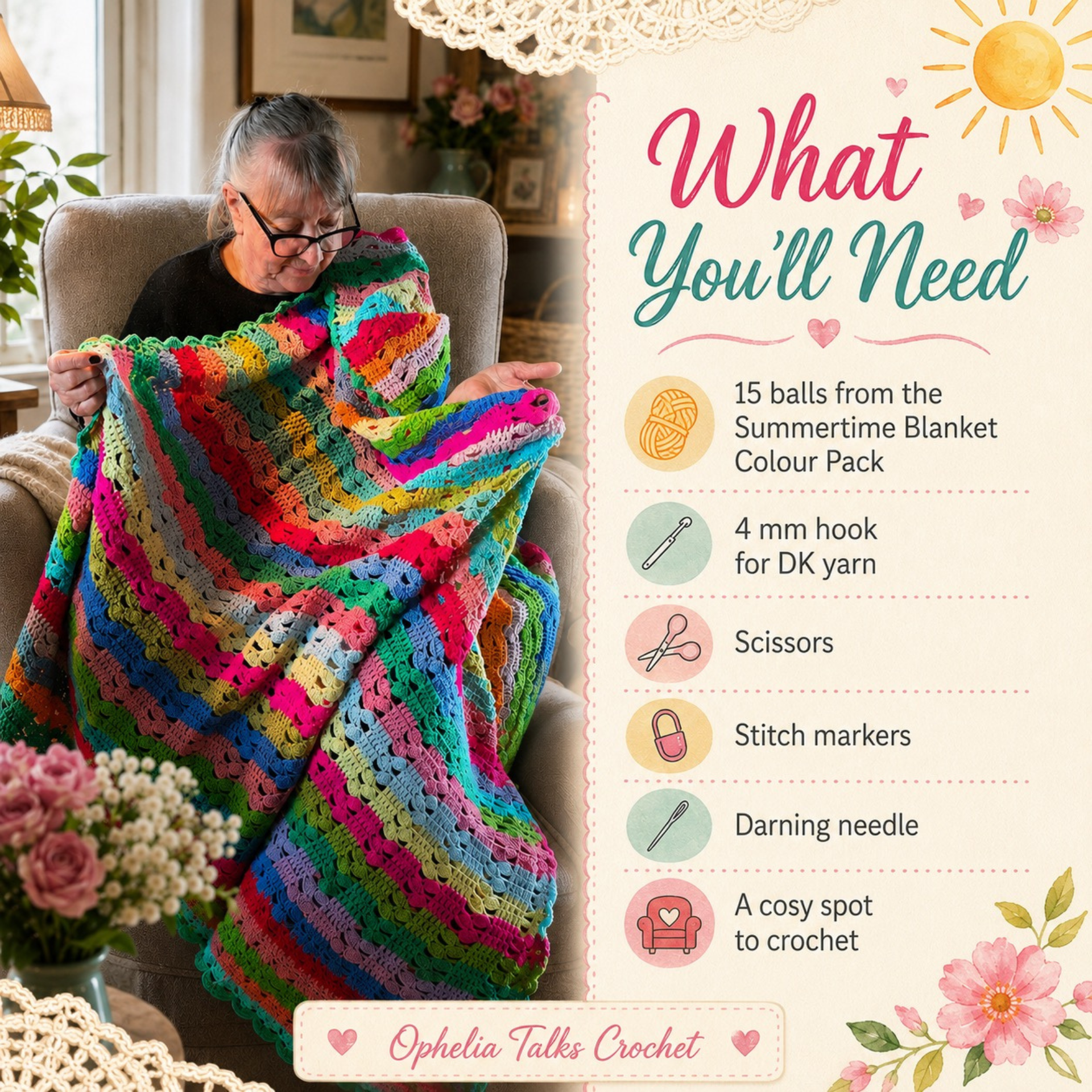 Crochet supplies infographic for the Summertime Blanket pattern showing the colourful finished blanket alongside 15 balls of DK yarn, a 4 mm hook, scissors, stitch markers and a darning needle.