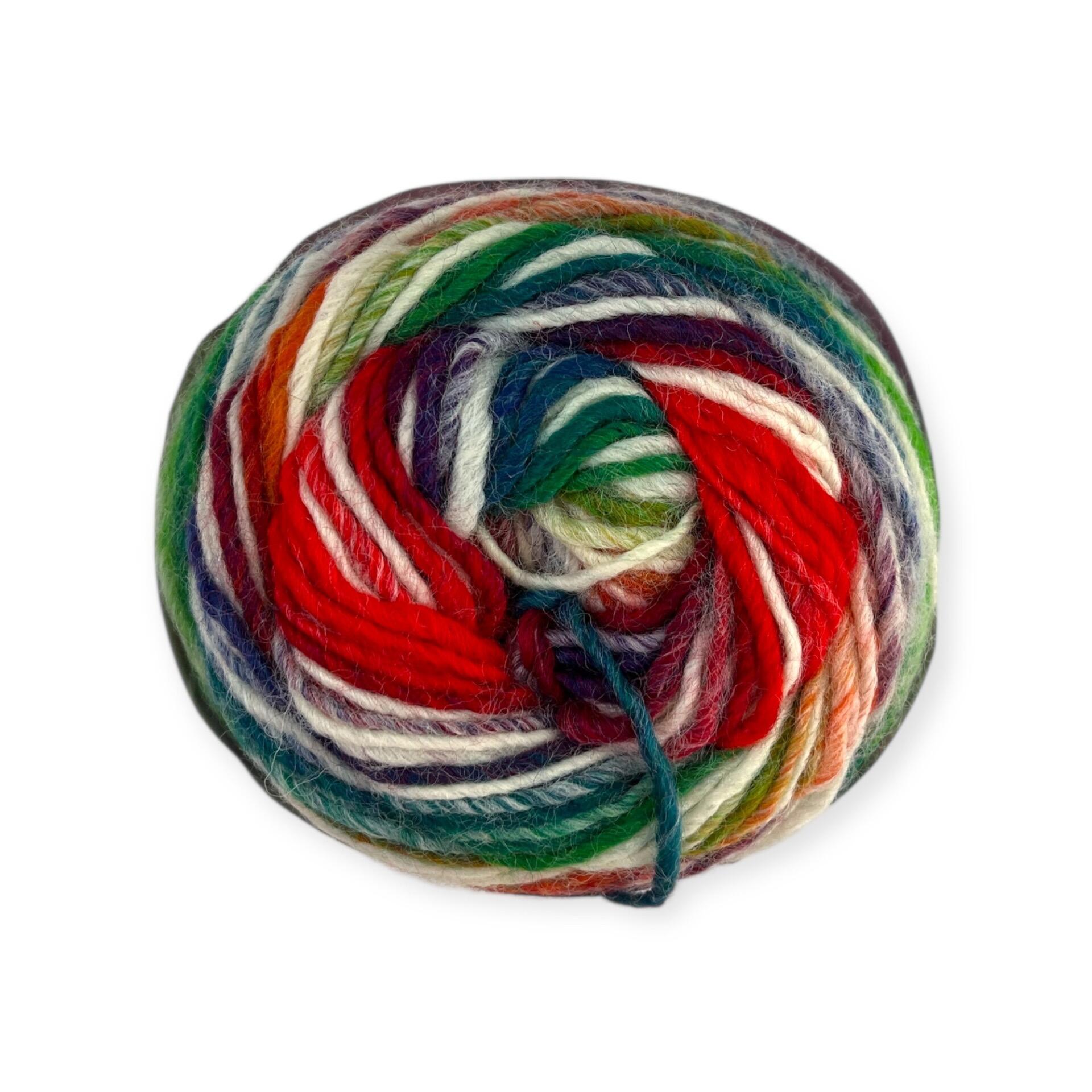 Stylecraft Knit Me Crochet Me Kaleidoscope yarn ball – self-striping DK wool blend in red, green, blue, purple and cream