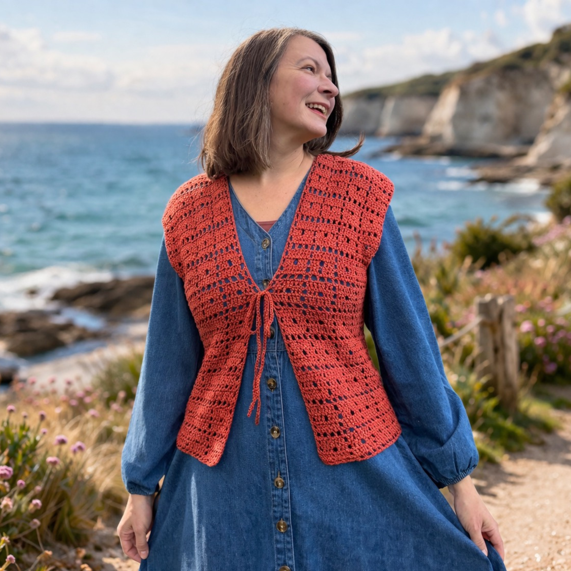 Crochet waistcoat in terracotta DK cotton worn over a blue denim dress by the seaside, featuring an open-front tie detail and textured stitch pattern, Ophelia Talks Crochet design