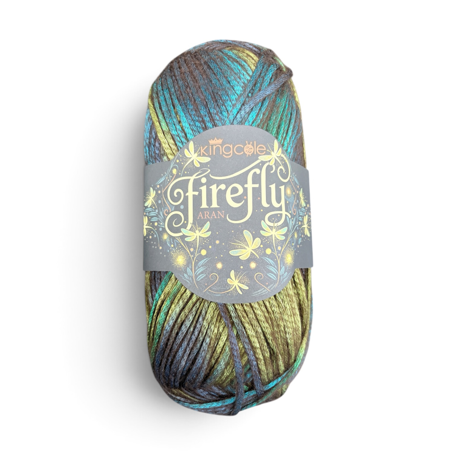 King Cole Firefly Aran Emperor Moth 6580 100g ball with label in brown turquoise and chartreuse