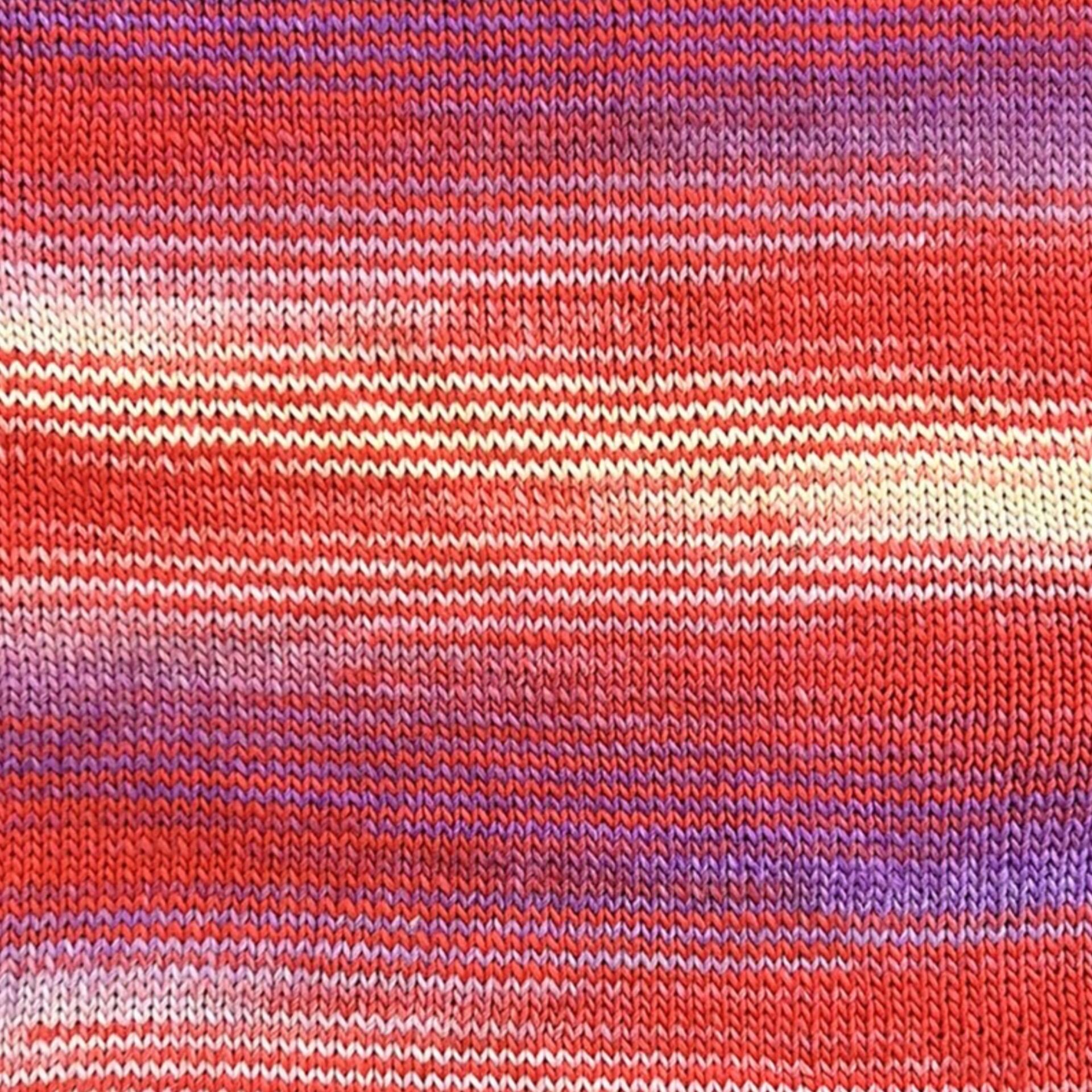 Knitted swatch of Stylecraft Knit Me Crochet Me Sunset Beach yarn – multicolour DK with red, pink, purple and coral stripes