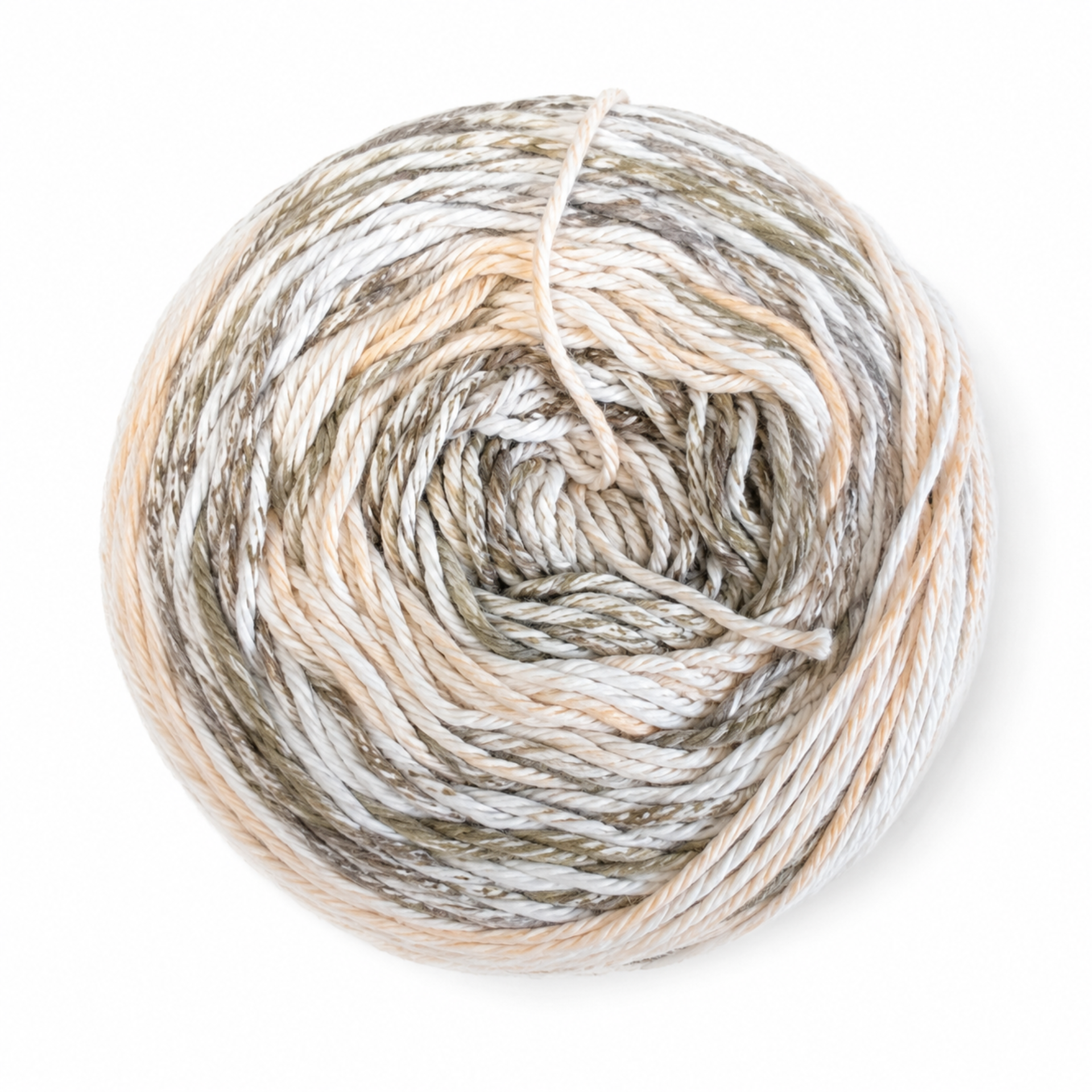 James C. Brett Cotton Waves yarn cake in Pebble WV16 with cream, grey, taupe and white variegated cotton DK yarn.