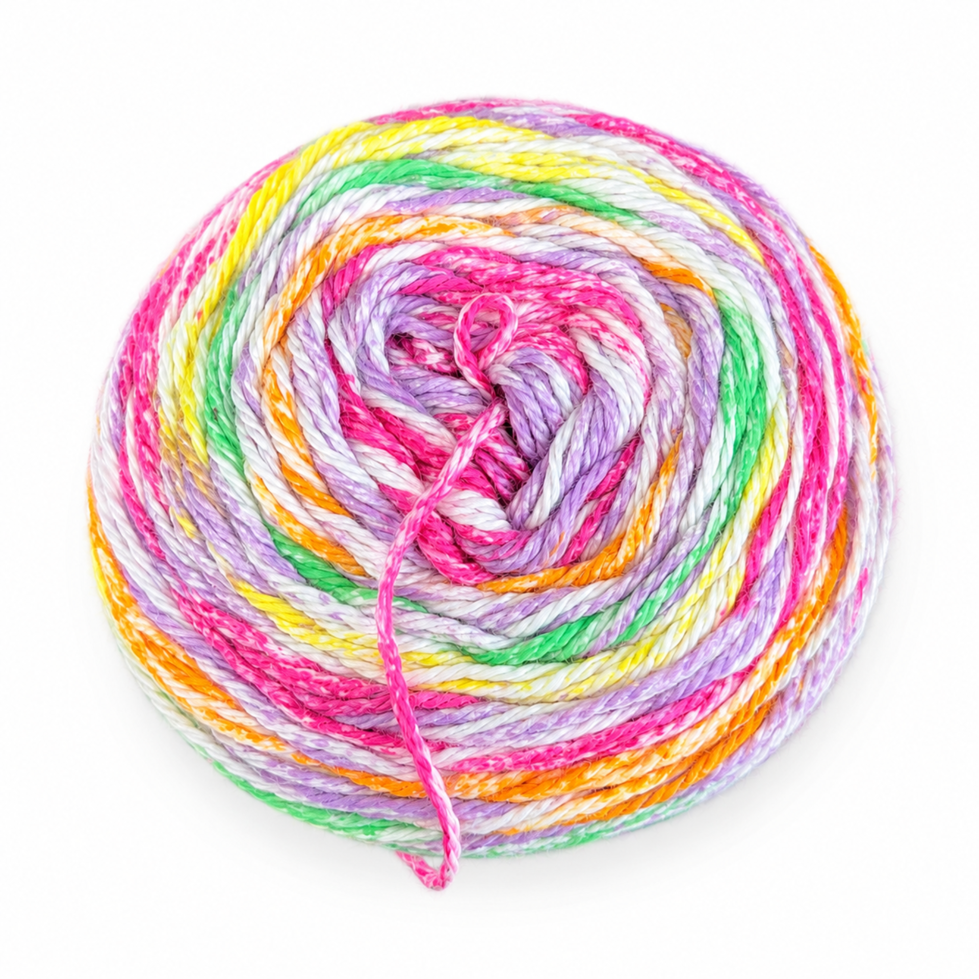James C. Brett Cotton Waves yarn cake in Rainbow WV12 with pink, orange, yellow, green, lilac and white variegated cotton DK yarn.