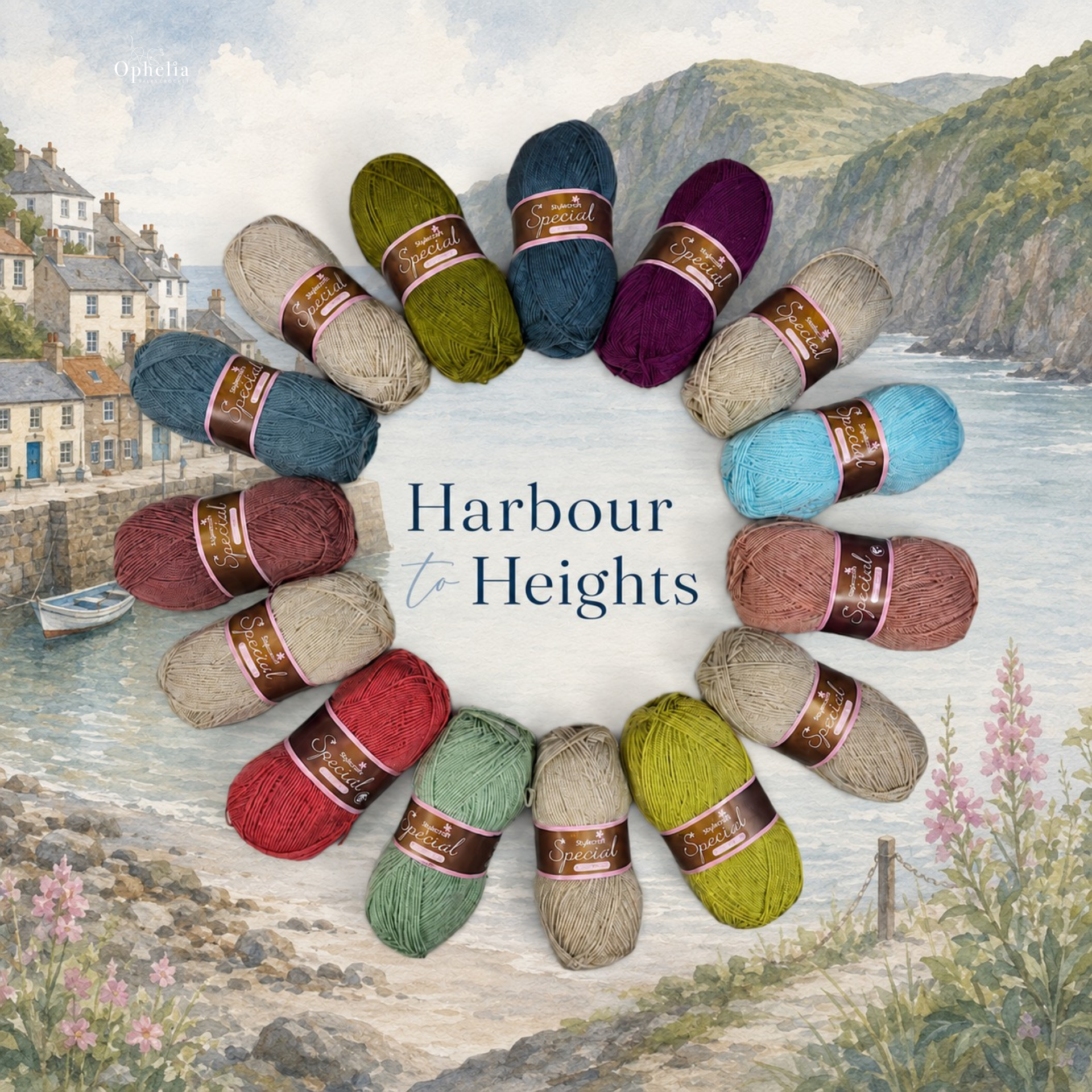 harbour to heights yarn colours in a circle with harbour backdrop
