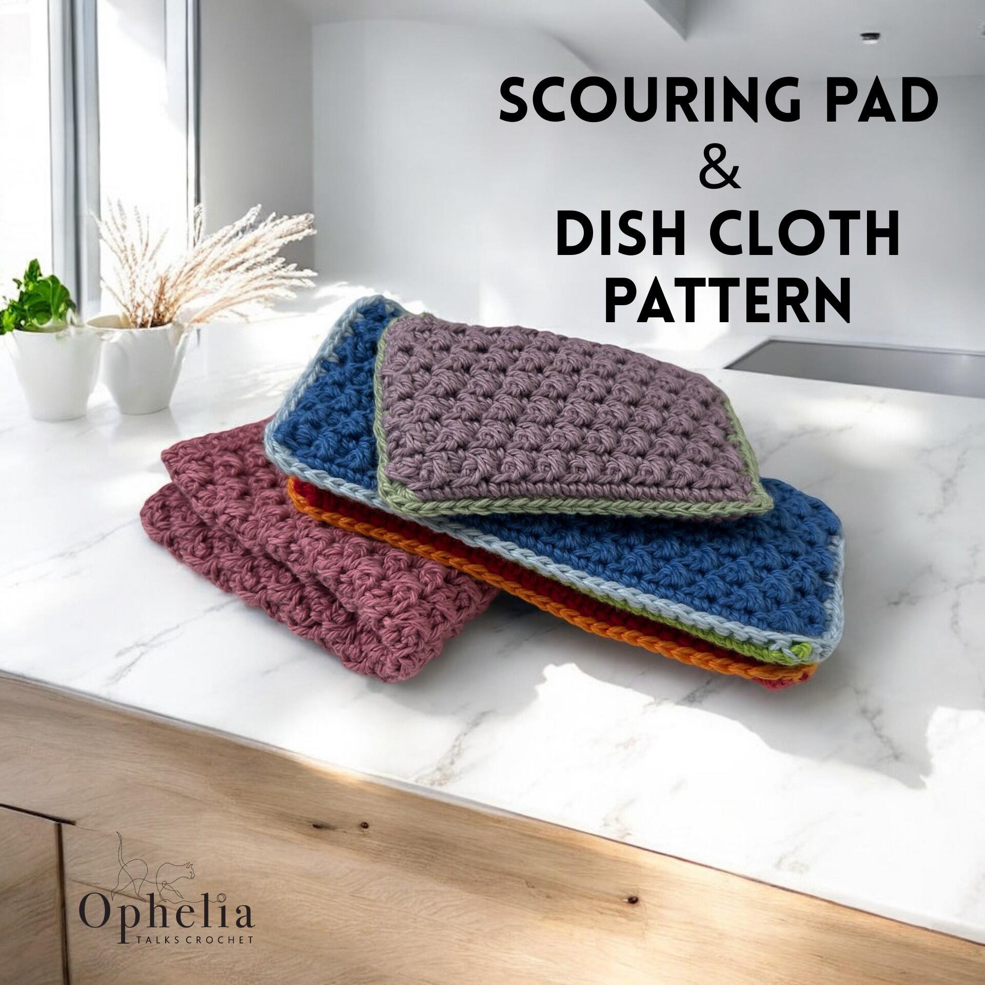 A stack of handmade crocheted scouring pads and dishcloths in various colors placed neatly on a modern kitchen countertop, representing the Crochet Scouring Pad & Dish Cloth digital pattern by Ophelia Talks Crochet.