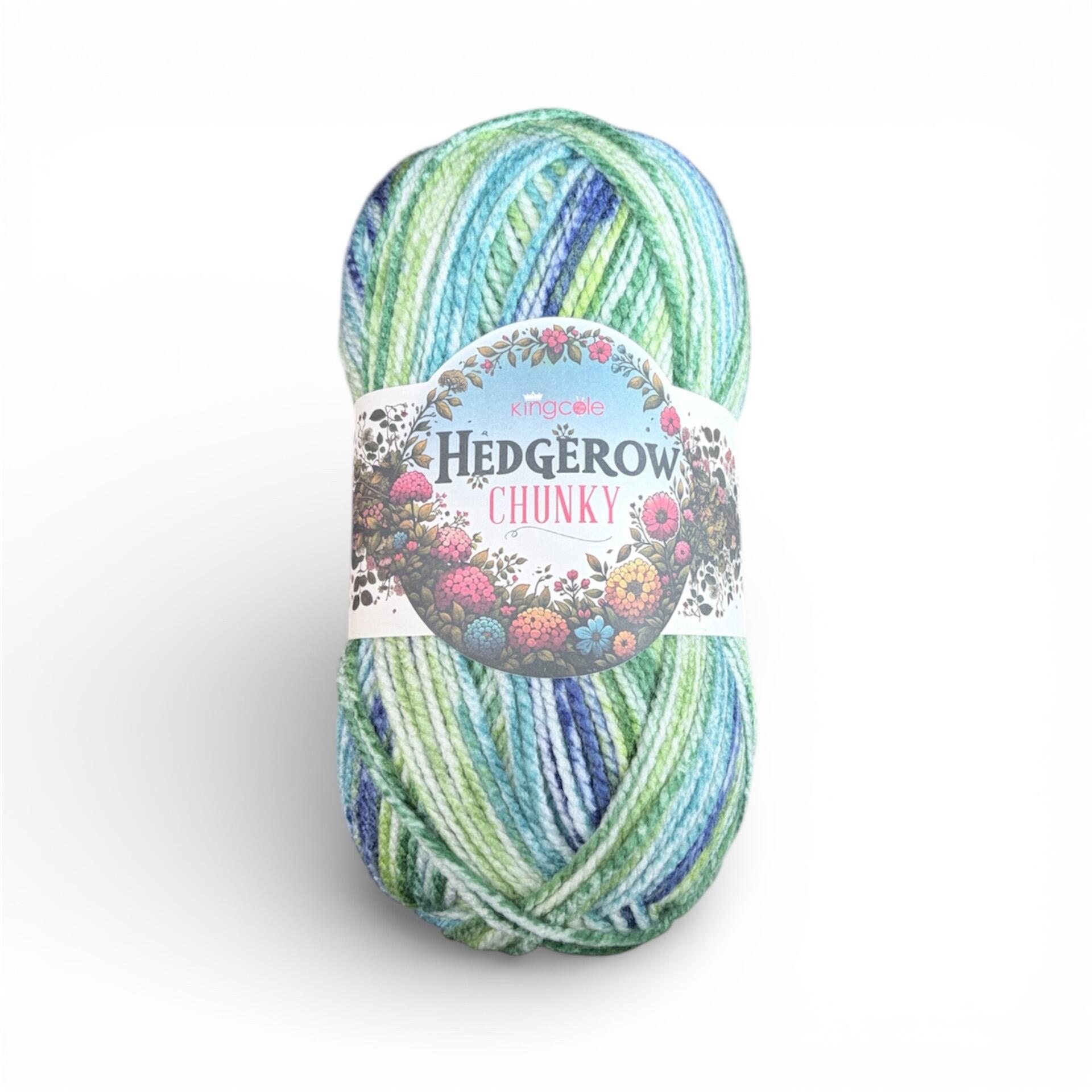 Ball of King Cole Hedgerow Chunky yarn in Babbling Brook 5848, blue and green variegated 100% acrylic chunky yarn, 200g ball on a white background.