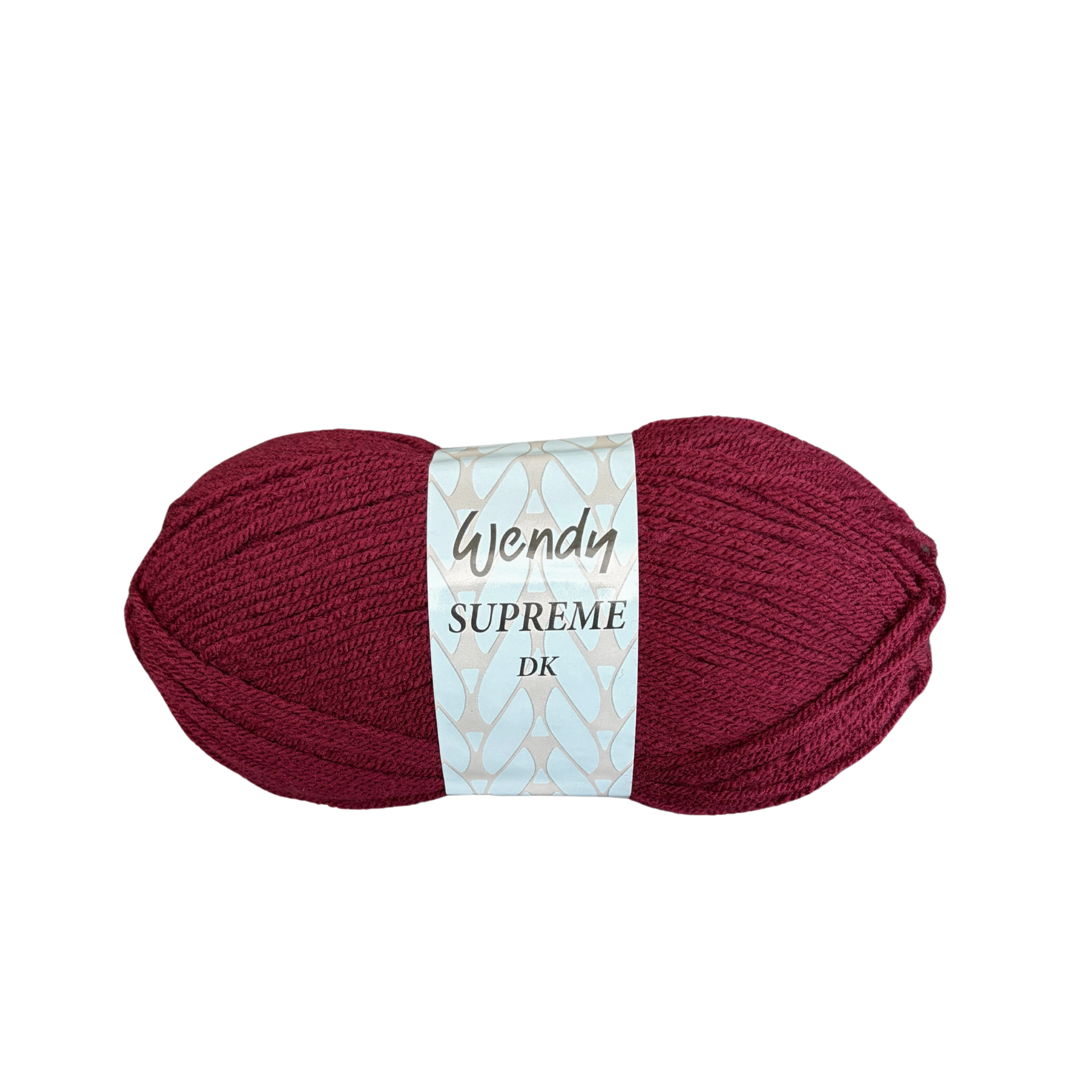 Wendy Supreme DK yarn in the colour Burgundy (WD80), shown as a deep rich burgundy red double knit yarn ball with Wendy Supreme DK label.