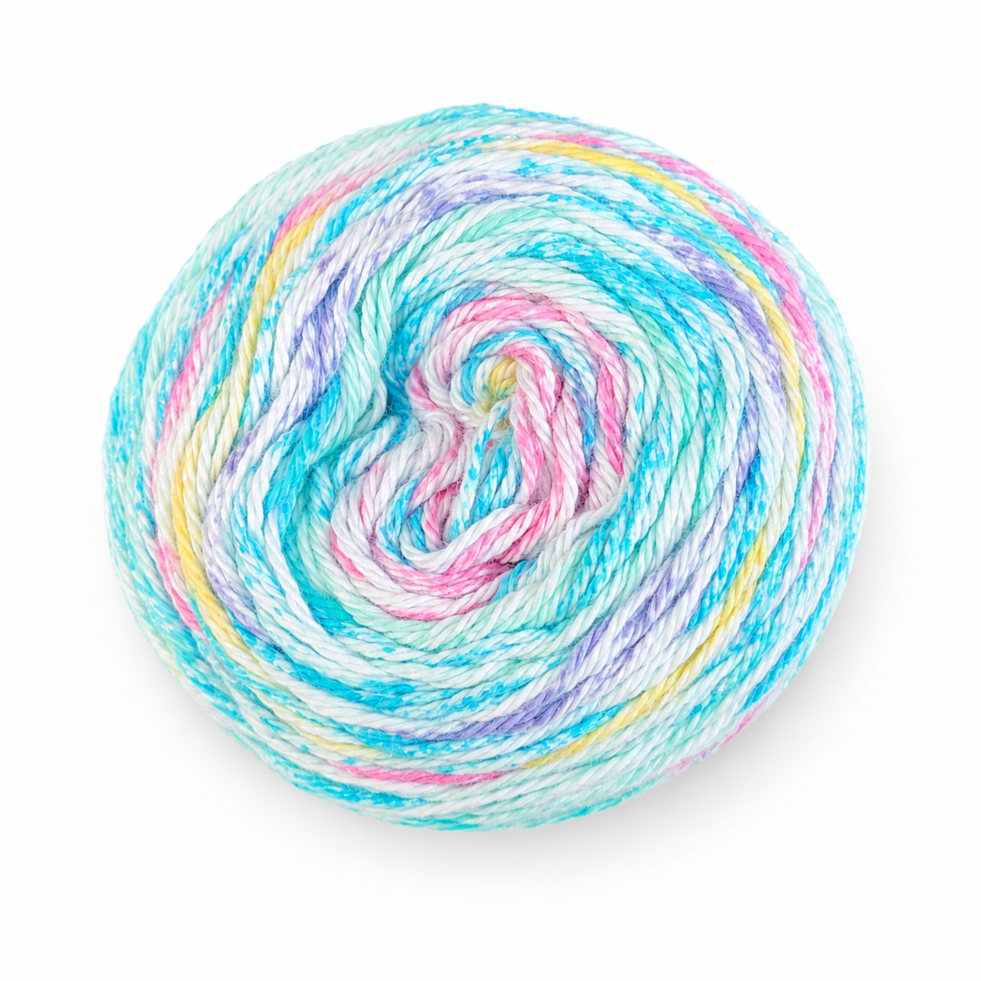 James C. Brett Cotton Waves yarn cake in Summer Seas WV14 with aqua blue, white and soft pastel variegated cotton DK yarn.