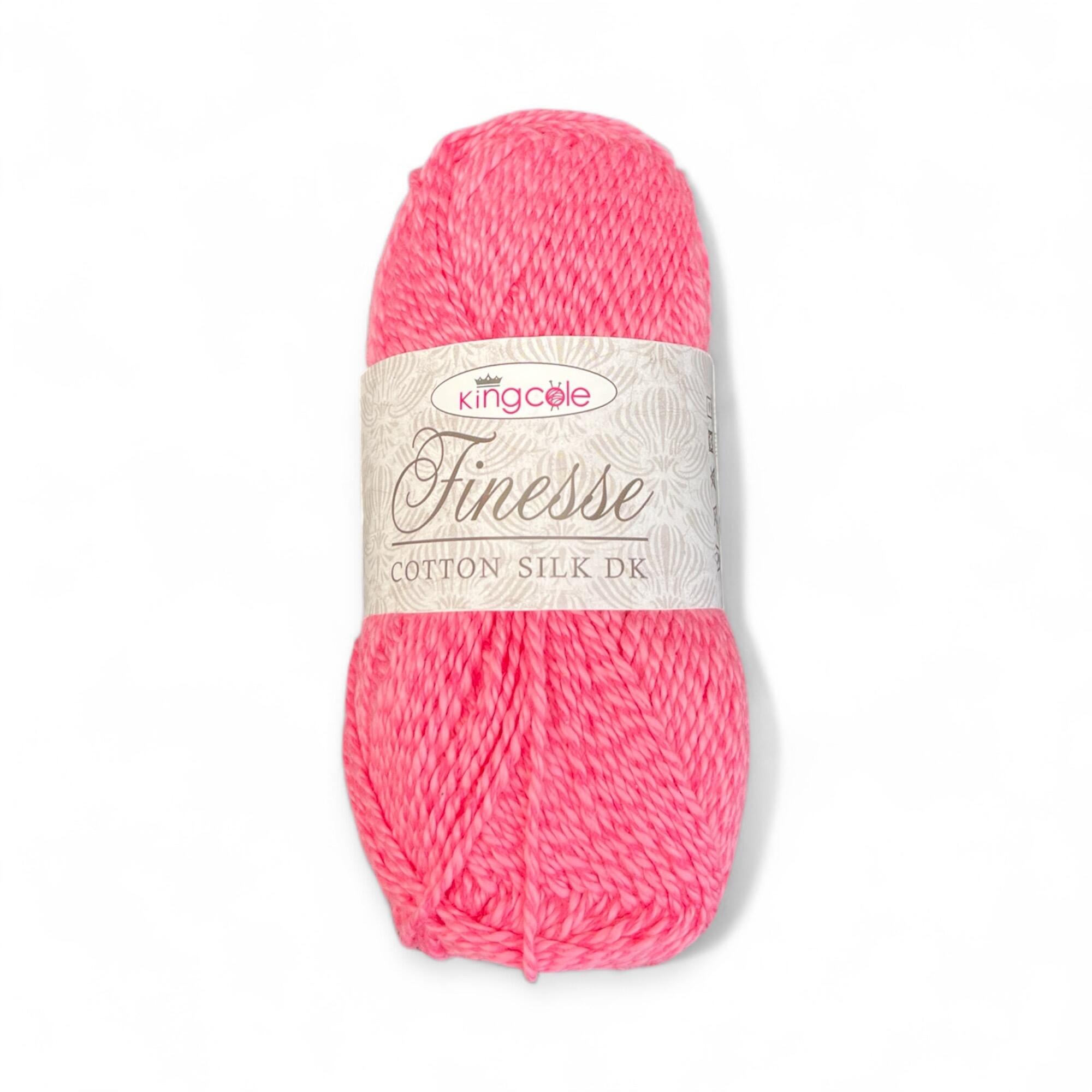 King Cole Finesse Cotton Silk DK 50g yarn ball in Fondant – vibrant pastel pink shade with a subtle silky sheen, perfect for summer knitting and crochet projects